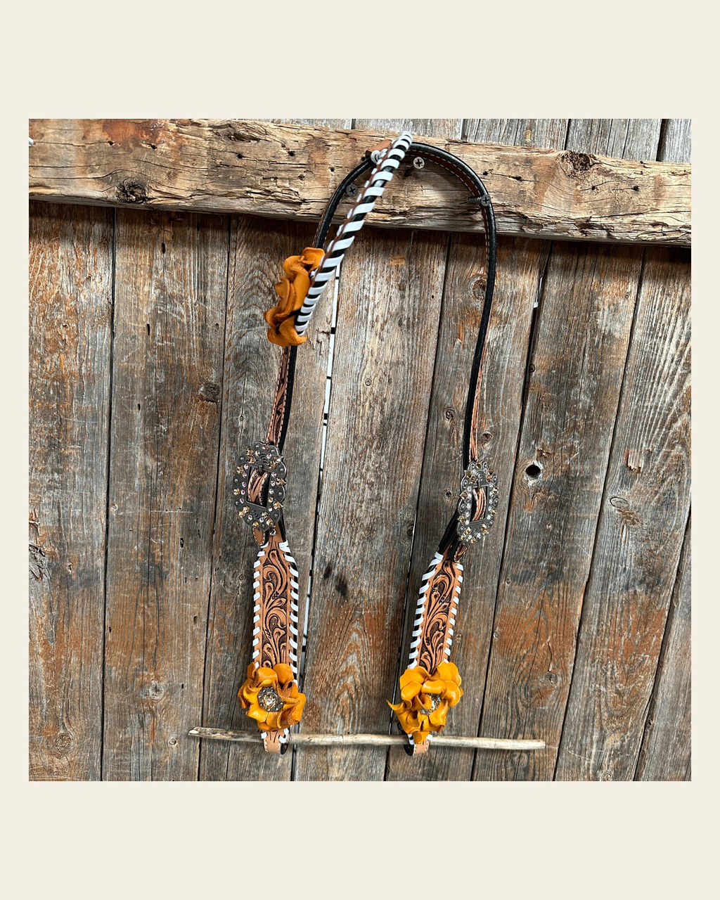 Whip Stitch One Ear Headstall / Bridle - Yellow Roses & European Conchos #OE286 on a warm cream background
