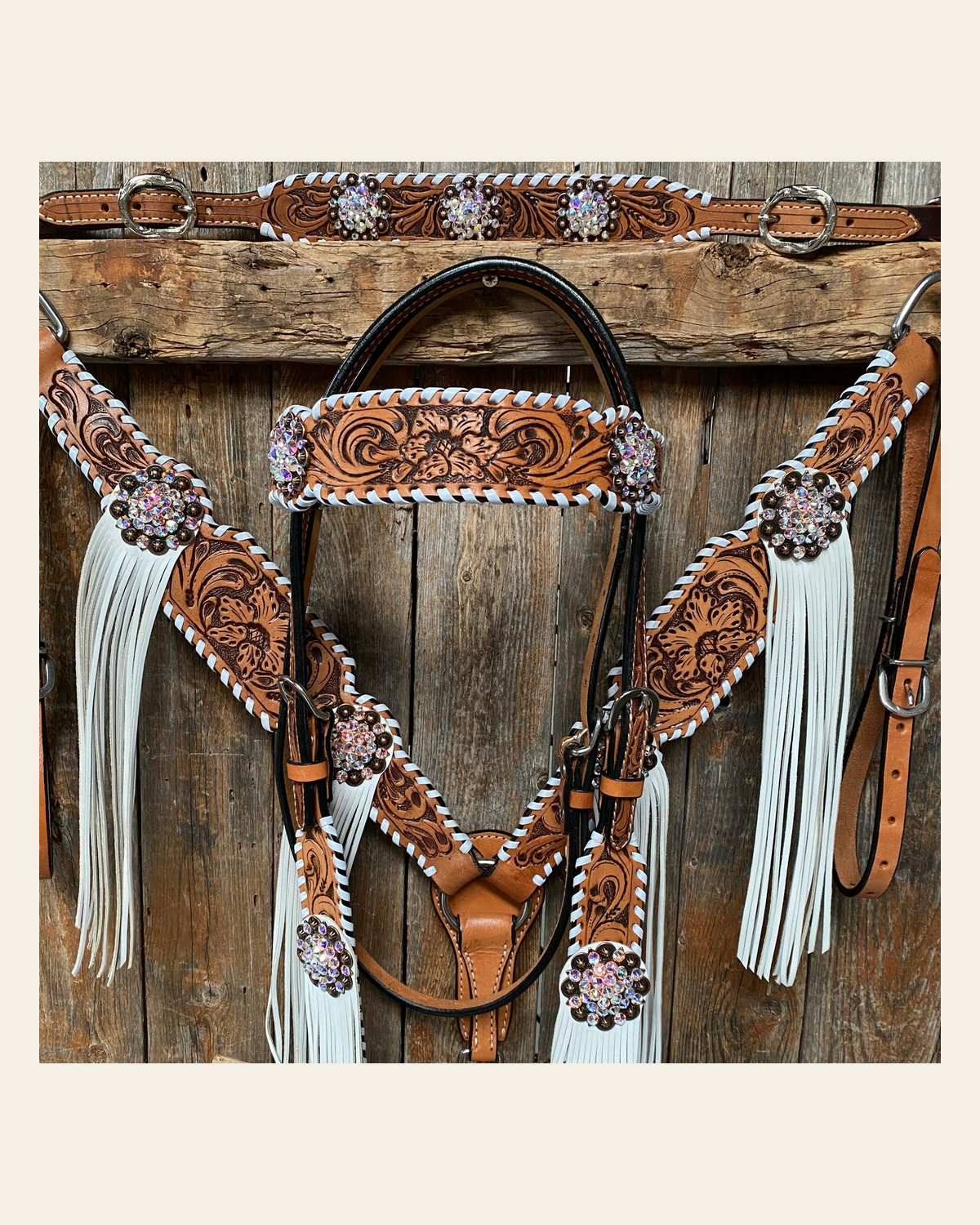 Whipstitch AB Browband/One Ear Tack Set with Wither Strap #BBBC458 on a warm cream background
