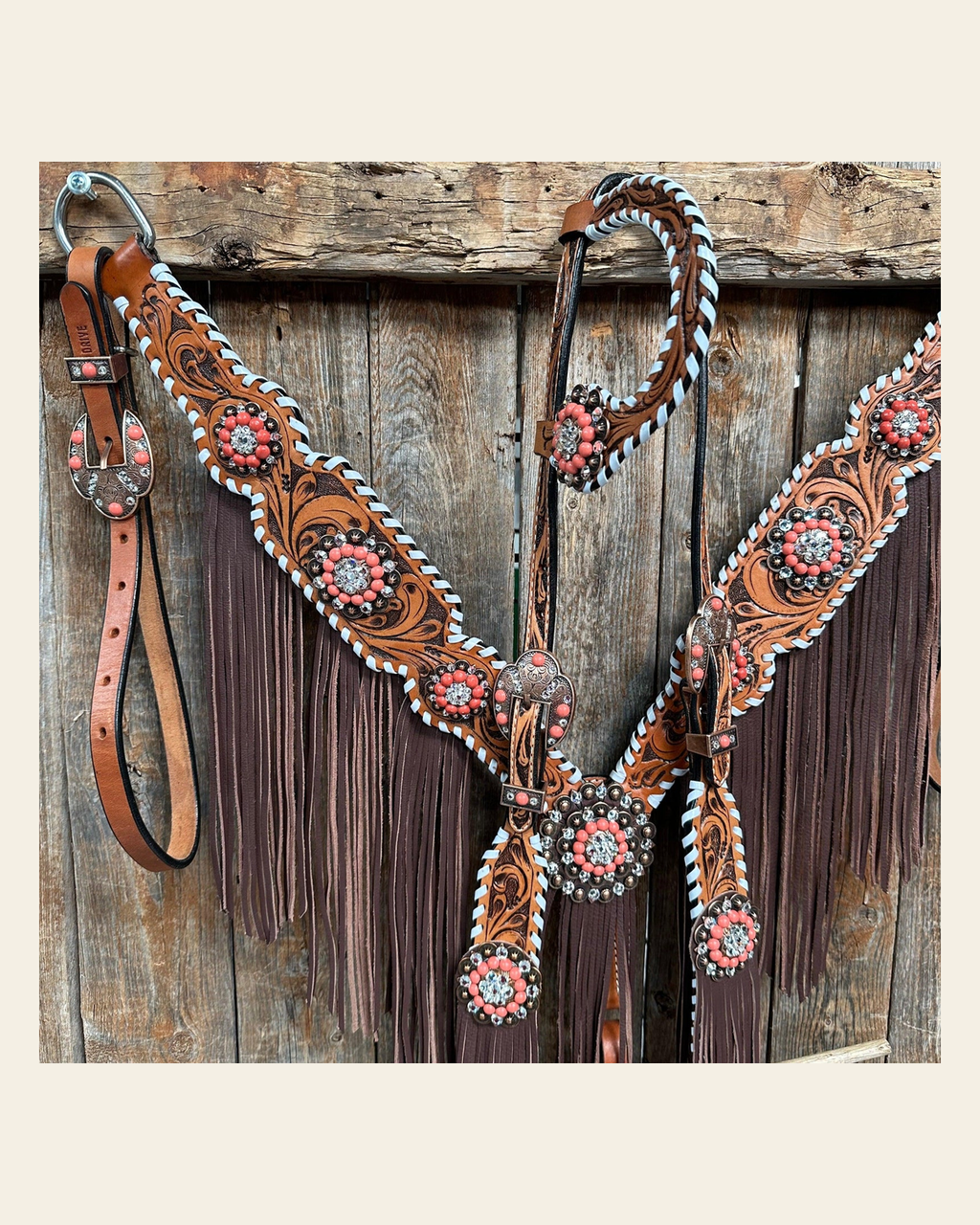 Whipstitch Coral and Clear One Ear/ Breastcollar Tack Set #OEBC516 on a warm cream background