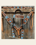 Whipstitch Turquoise & AB Browband/One Ear Tack Set with Wither Strap #BBBC463 on a warm cream background