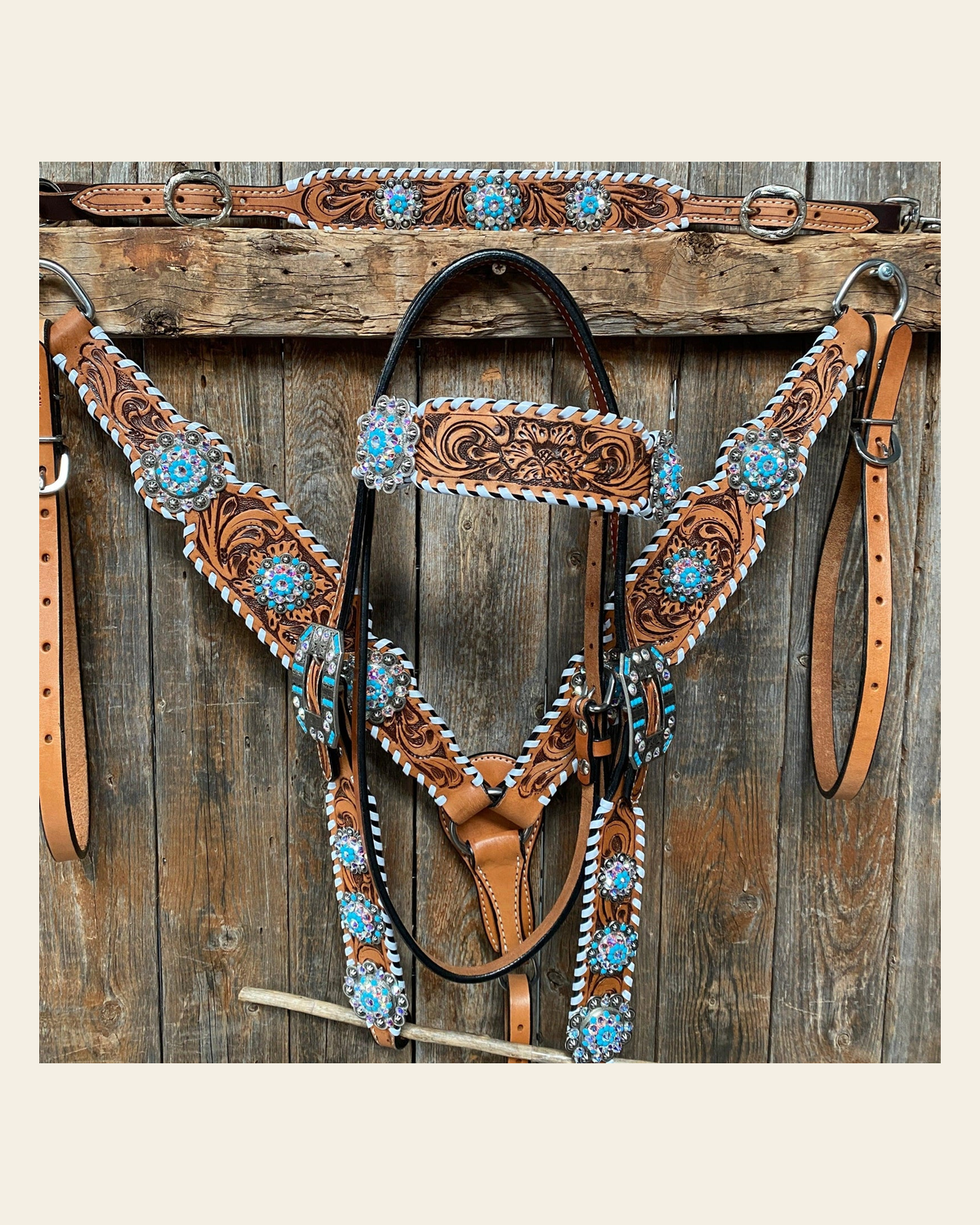 Whipstitch Turquoise & AB Browband/One Ear Tack Set with Wither Strap #BBBC463 on a warm cream background