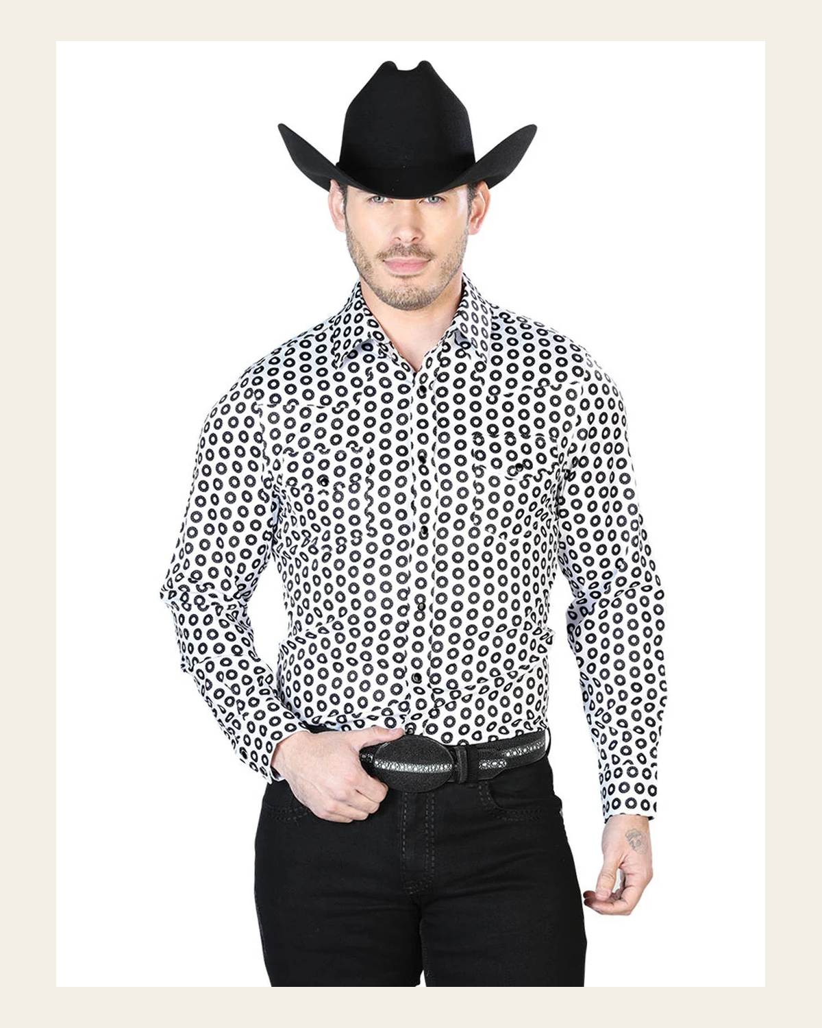 White And Black Casual Long Sleeve Shirt 43938 on a warm cream background