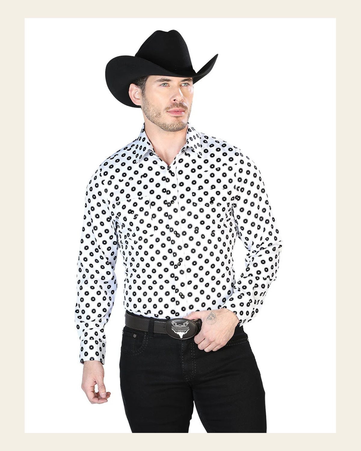 White And Black Casual Long Sleeve Shirt 43964 on a warm cream background