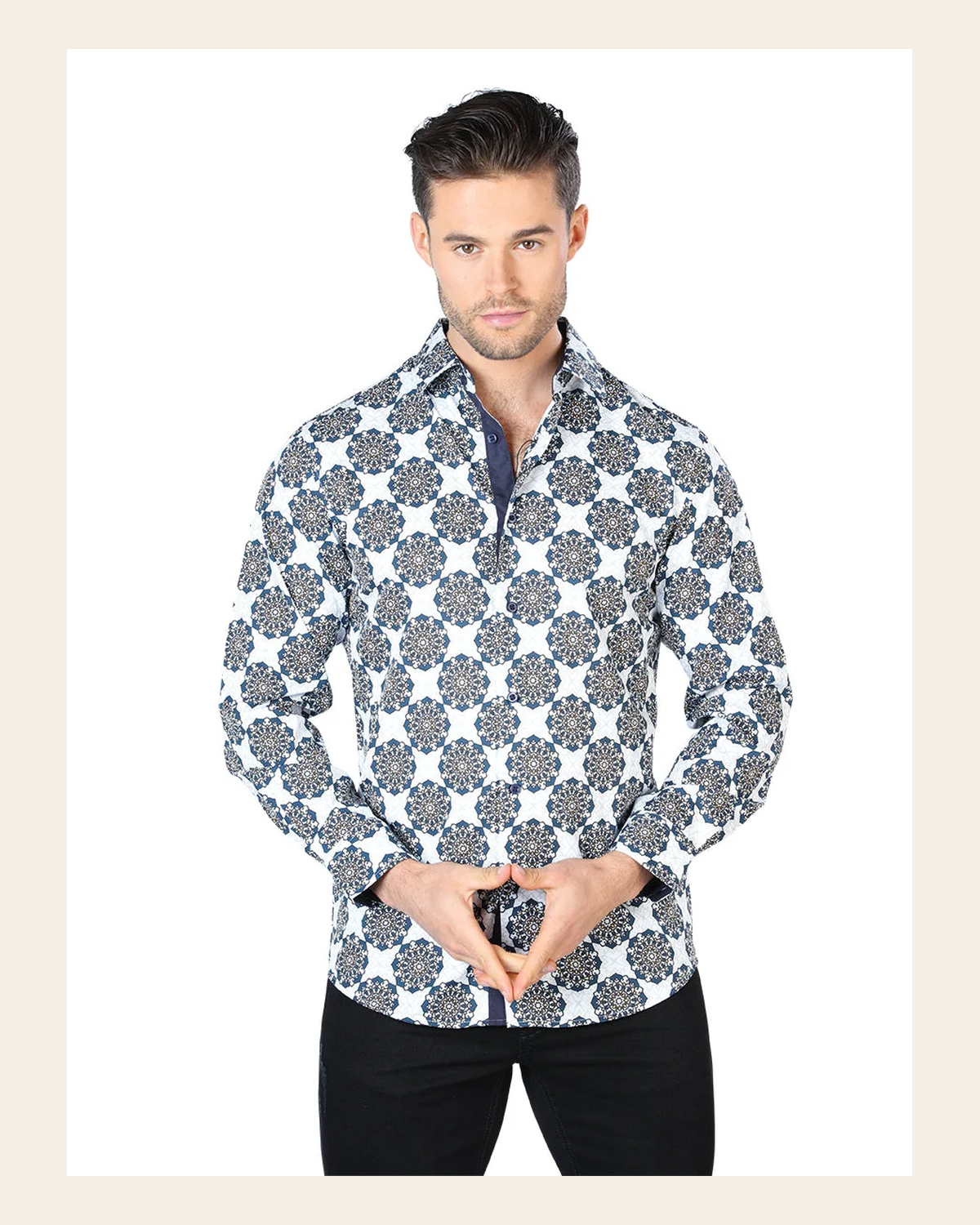 White and Black Casual Long Sleeve Shirt 44048 on a warm cream background
