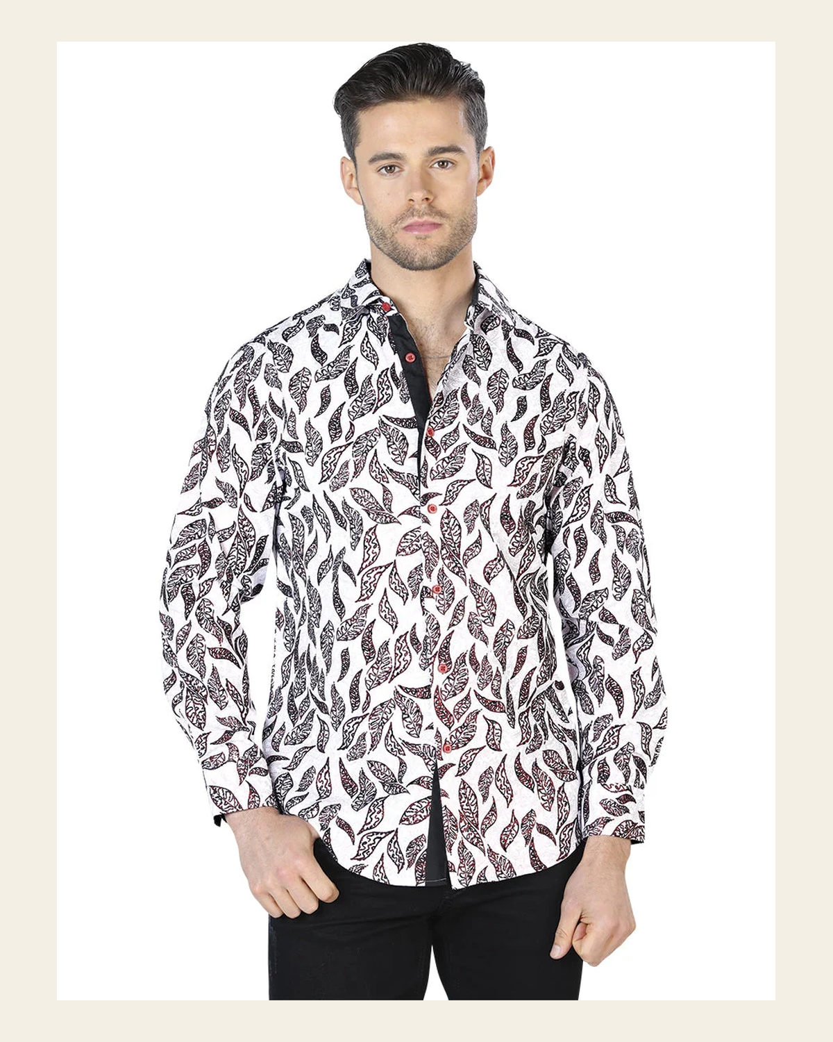 White And Black Casual Long Sleeve Shirt 44055 on a warm cream background