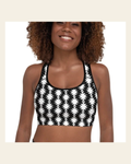 White Aztec Padded Sports Bra on a warm cream background