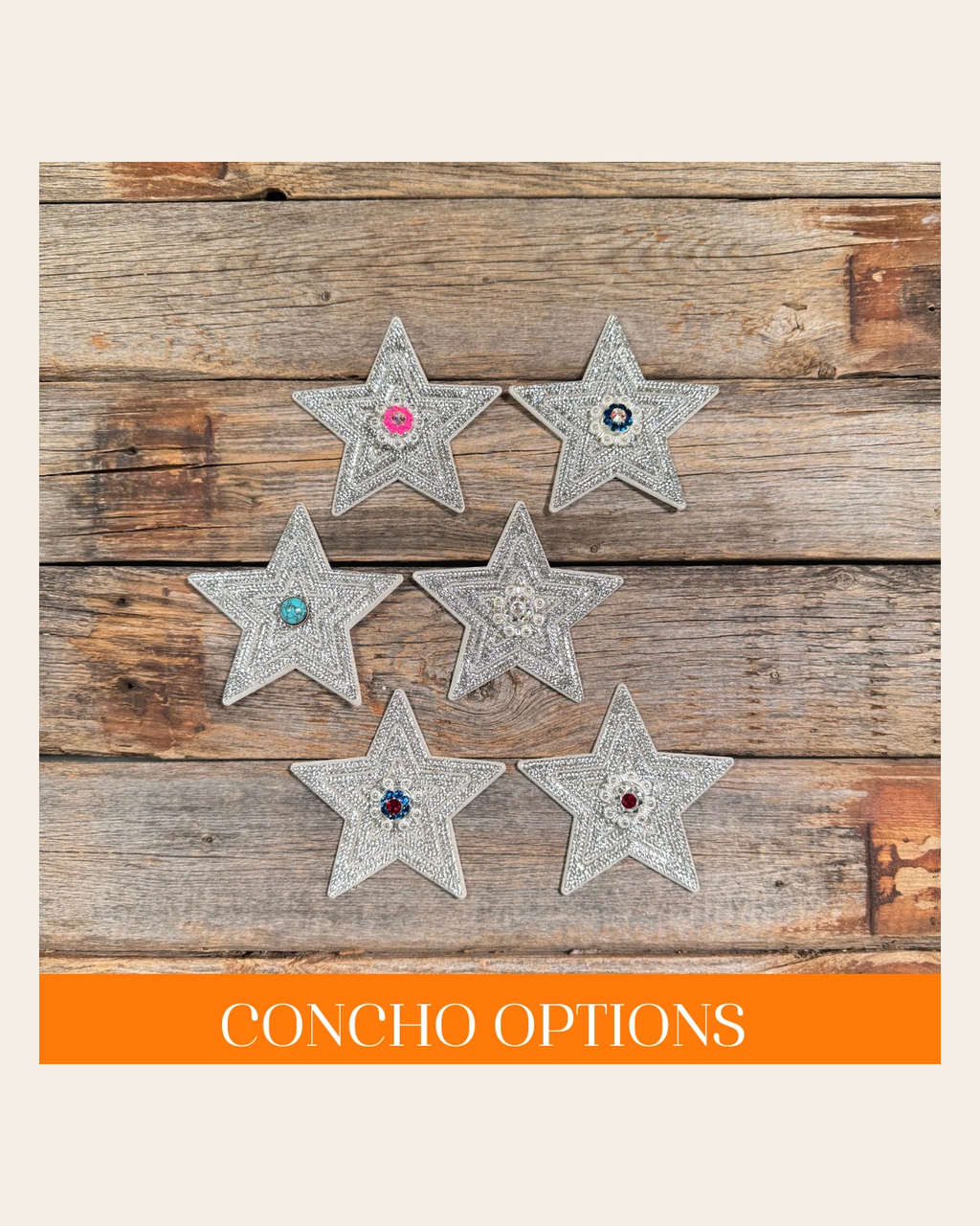 White Big Star Rhinestone Rosette - Assorted Conchos on a warm cream background