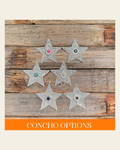 White Big Star Rhinestone Rosette - Assorted Conchos on a warm cream background