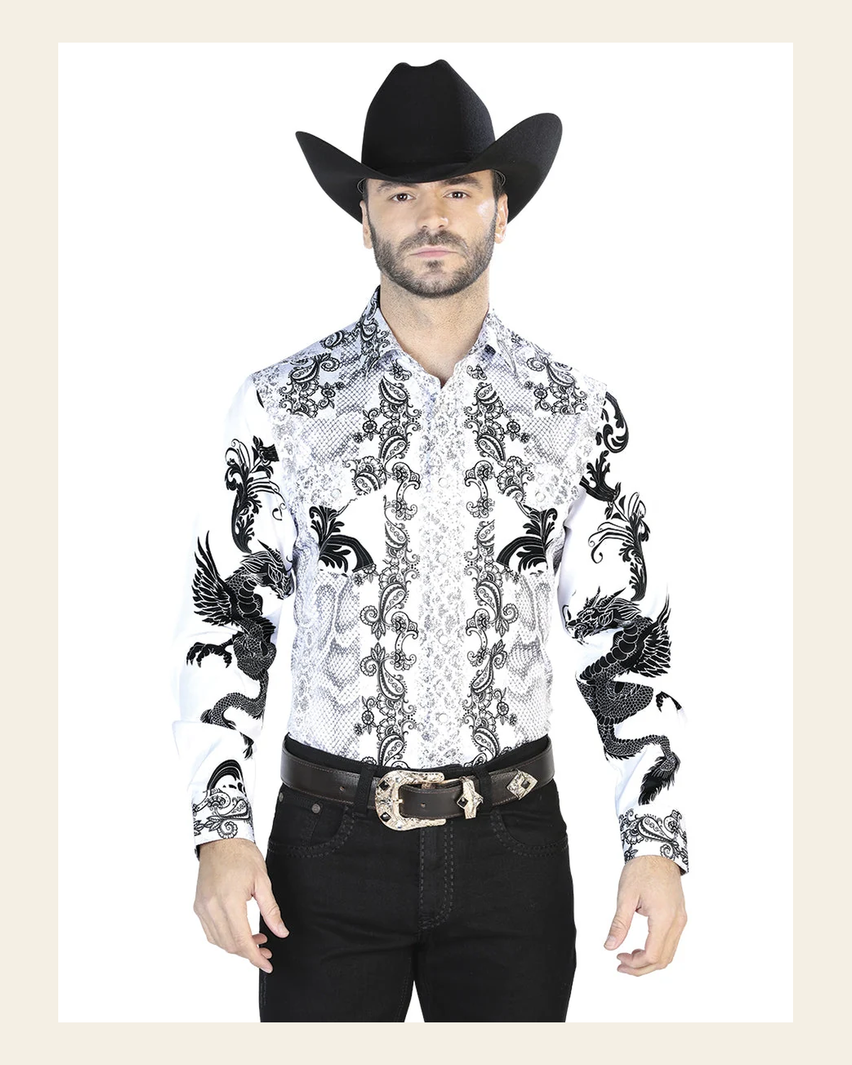 White Black Casual Long Sleeve Shirt 44066 on a warm cream background