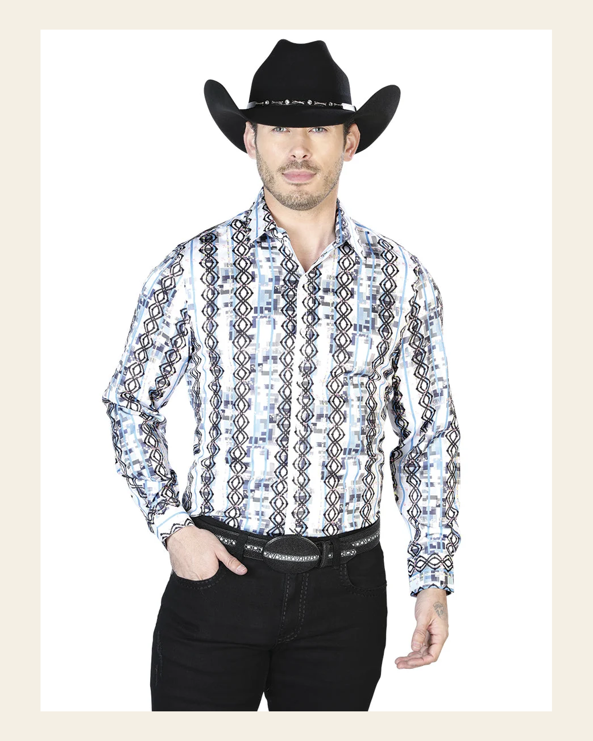 White Blue Casual Long Sleeve Shirt 43940 on a warm cream background