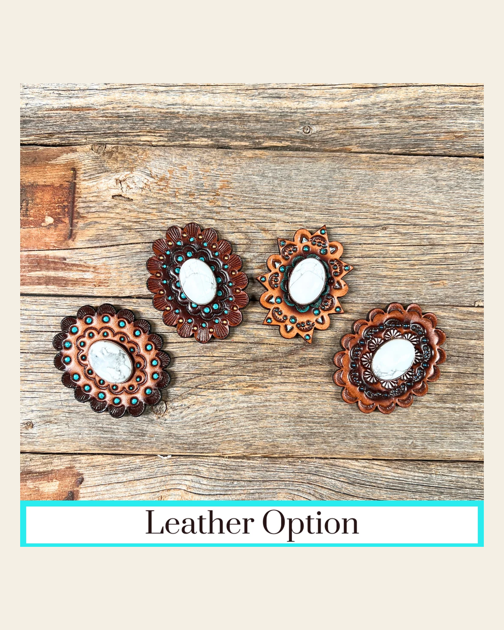 White Cabochon Stone - Leather Rosette Options - on a warm cream background