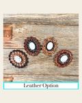 White Cabochon Stone - Leather Rosette Options - on a warm cream background