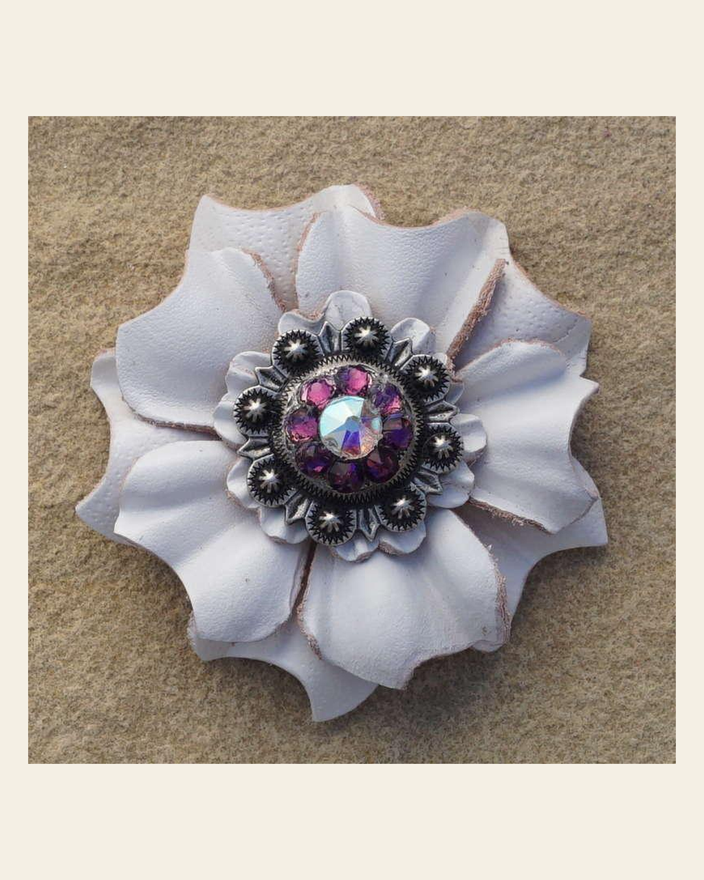 White Carnation Flower With Antique Silver Amethyst and AB 1" Concho on a warm cream background