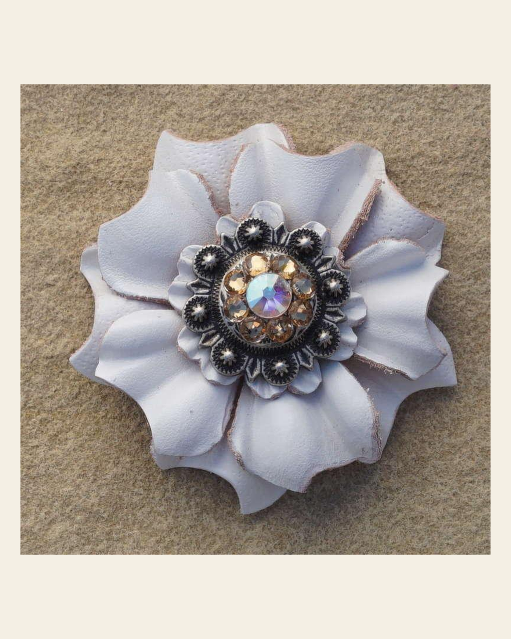 White Carnation Flower With Antique Silver Champagne and AB 1" Concho on a warm cream background