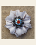 White Carnation Flower With Antique Silver Fire Opal and Aqua 1" Concho on a warm cream background