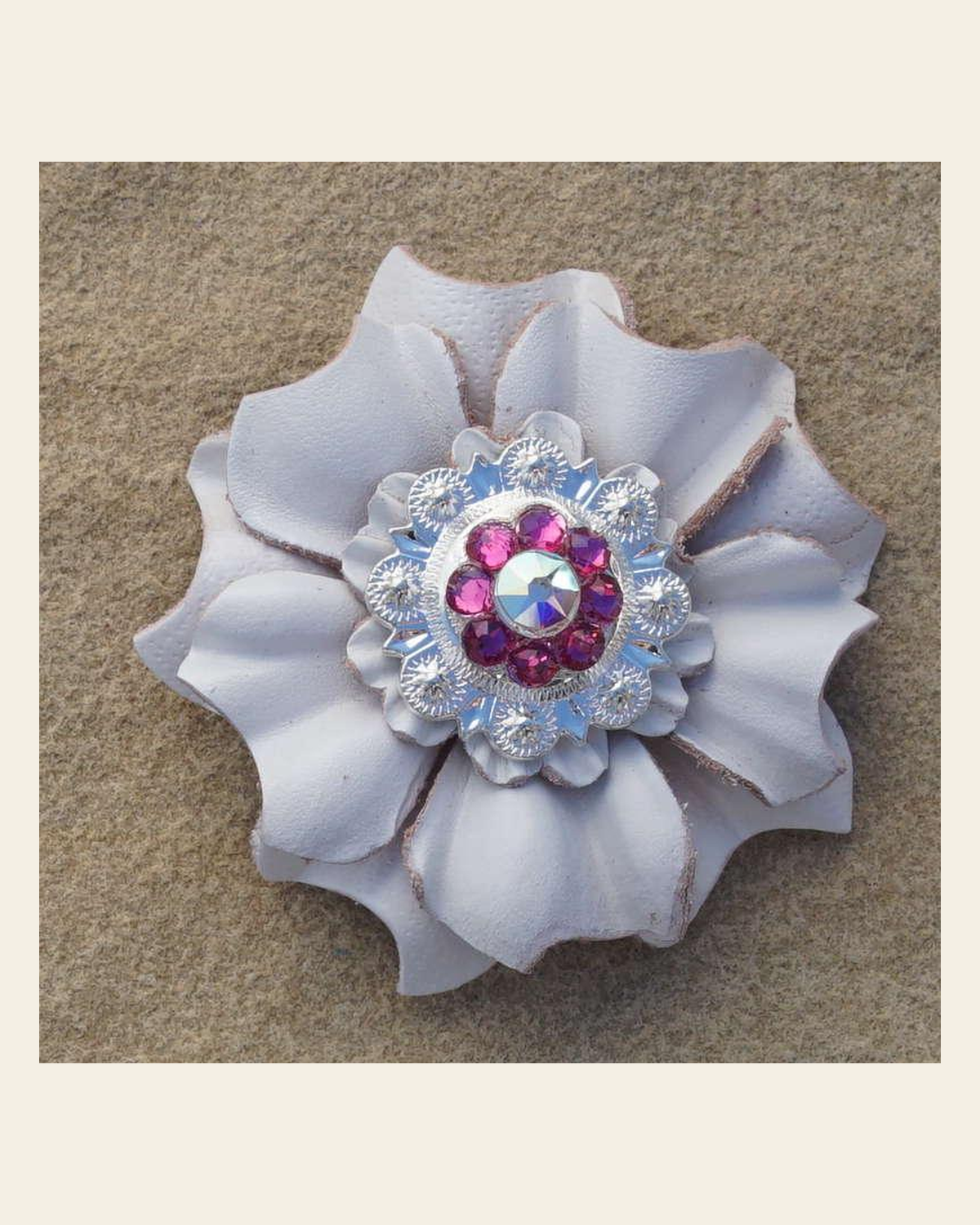 White Carnation Flower With Bright Silver Fuchsia and AB 1" Concho on a warm cream background
