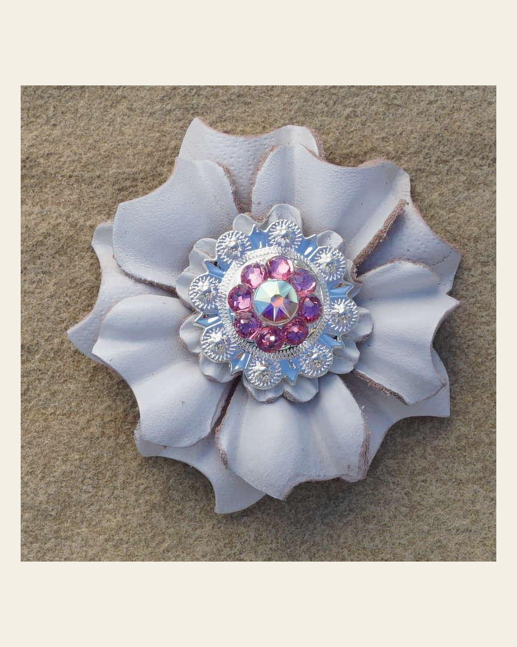 White Carnation Flower With Bright Silver Pink and AB 1" Concho on a warm cream background