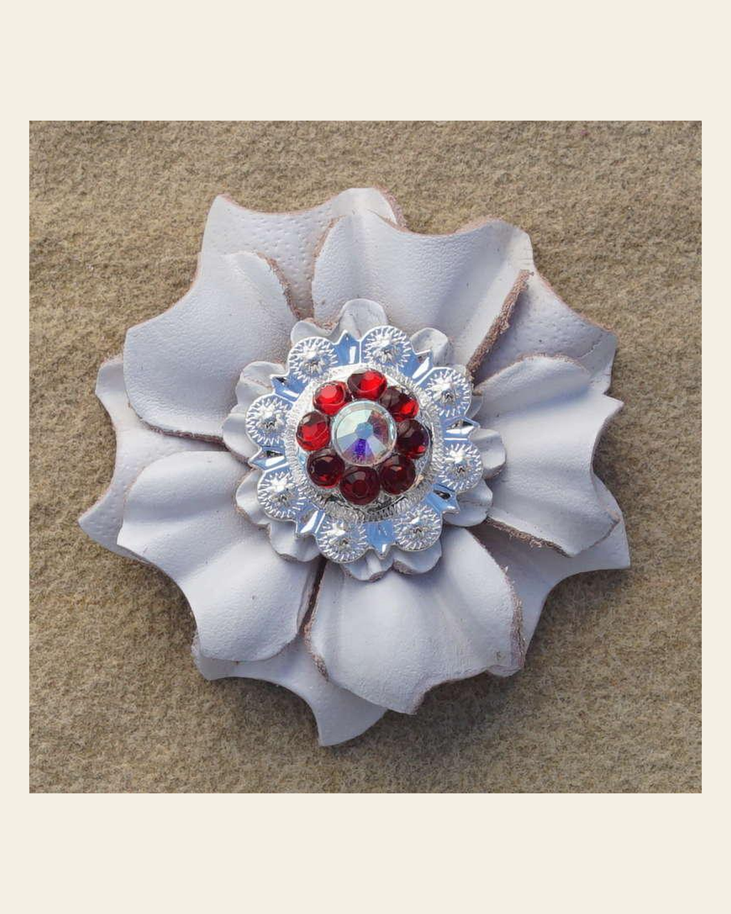 White Carnation Flower With Bright Silver Ruby and AB 1" Concho on a warm cream background
