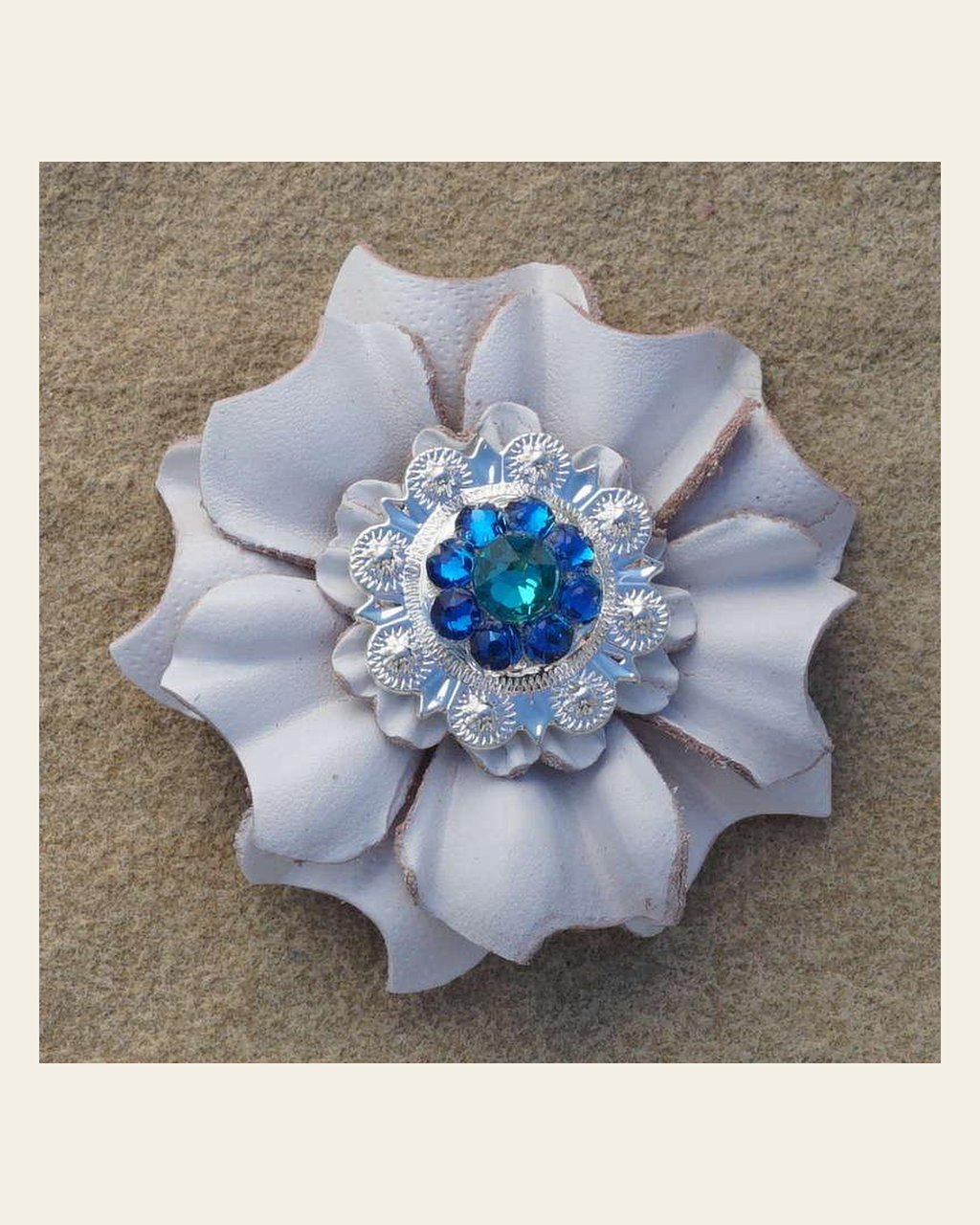 White Carnation Flower With Bright Silver Teal and Capri 1" Concho on a warm cream background