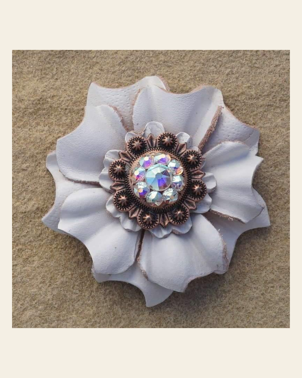 White Carnation Flower With Copper AB 1" Concho on a warm cream background