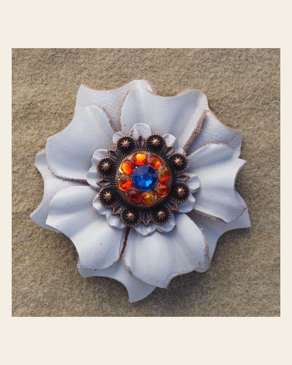 White Carnation Flower With Copper Capri and Fire Opal 1" Concho on a warm cream background