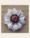White Carnation Flower With Copper Capri and Fire Opal 1" Concho on a warm cream background