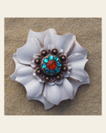 White Carnation Flower With Copper Fire Opal & Teal 1" Concho on a warm cream background