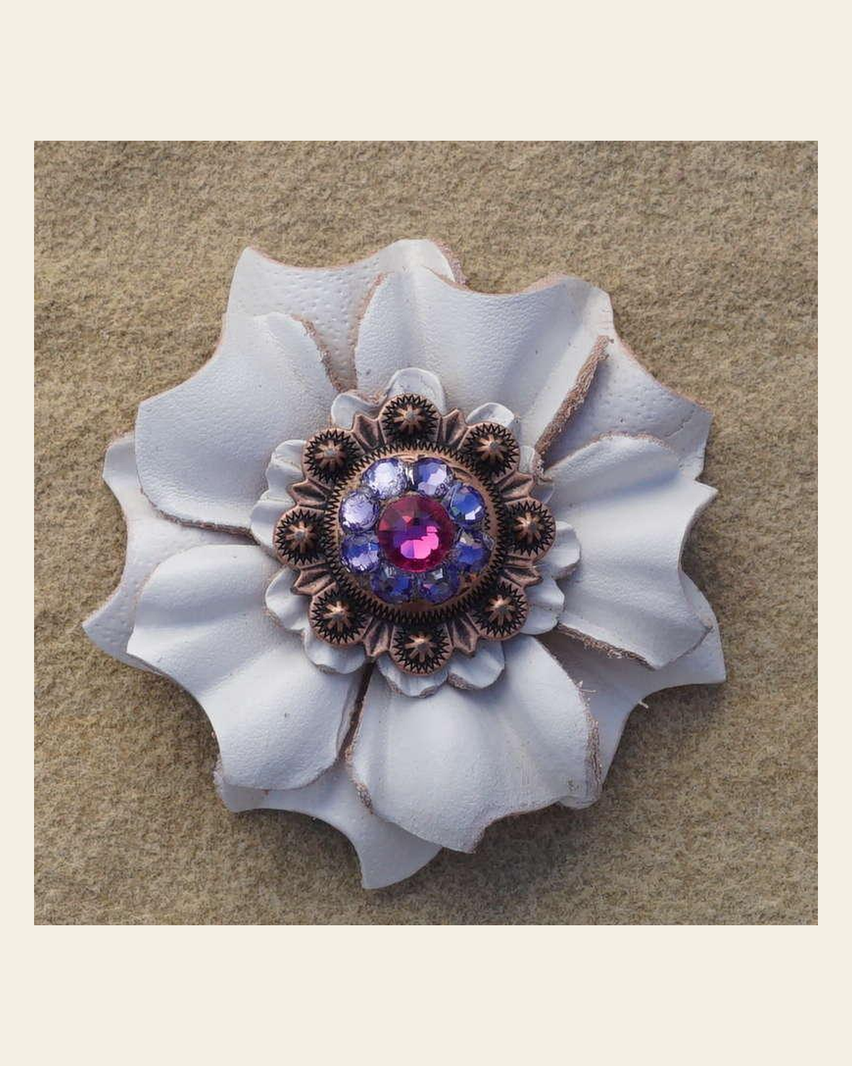 White Carnation Flower With Copper Fuchsia and Lilac 1" Concho on a warm cream background