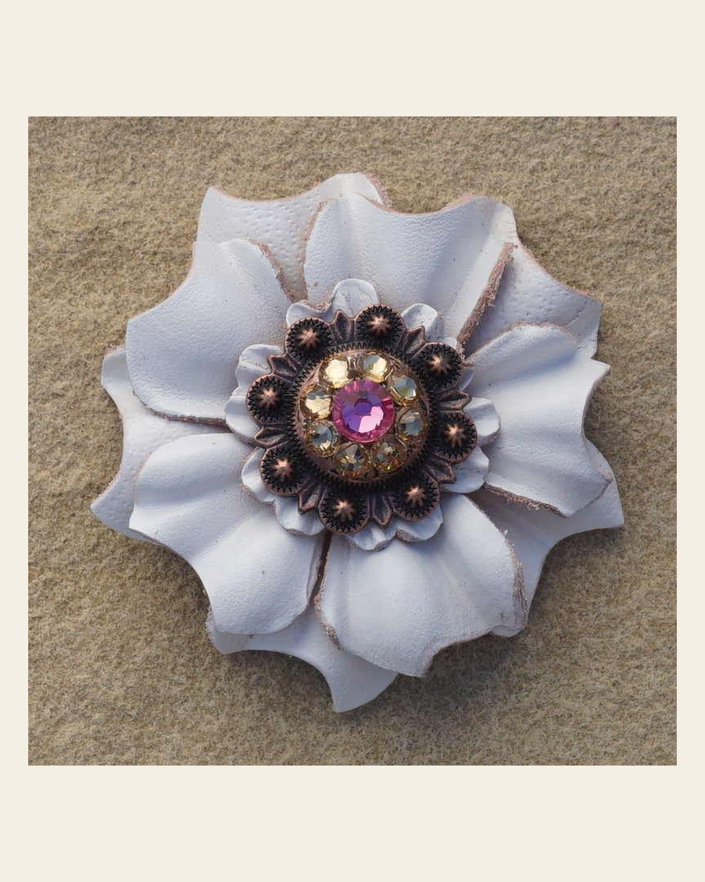 White Carnation Flower With Copper Pink and Champagne 1" Concho on a warm cream background