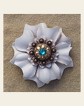 White Carnation Flower With Copper Teal & Champagne 1" Concho on a warm cream background