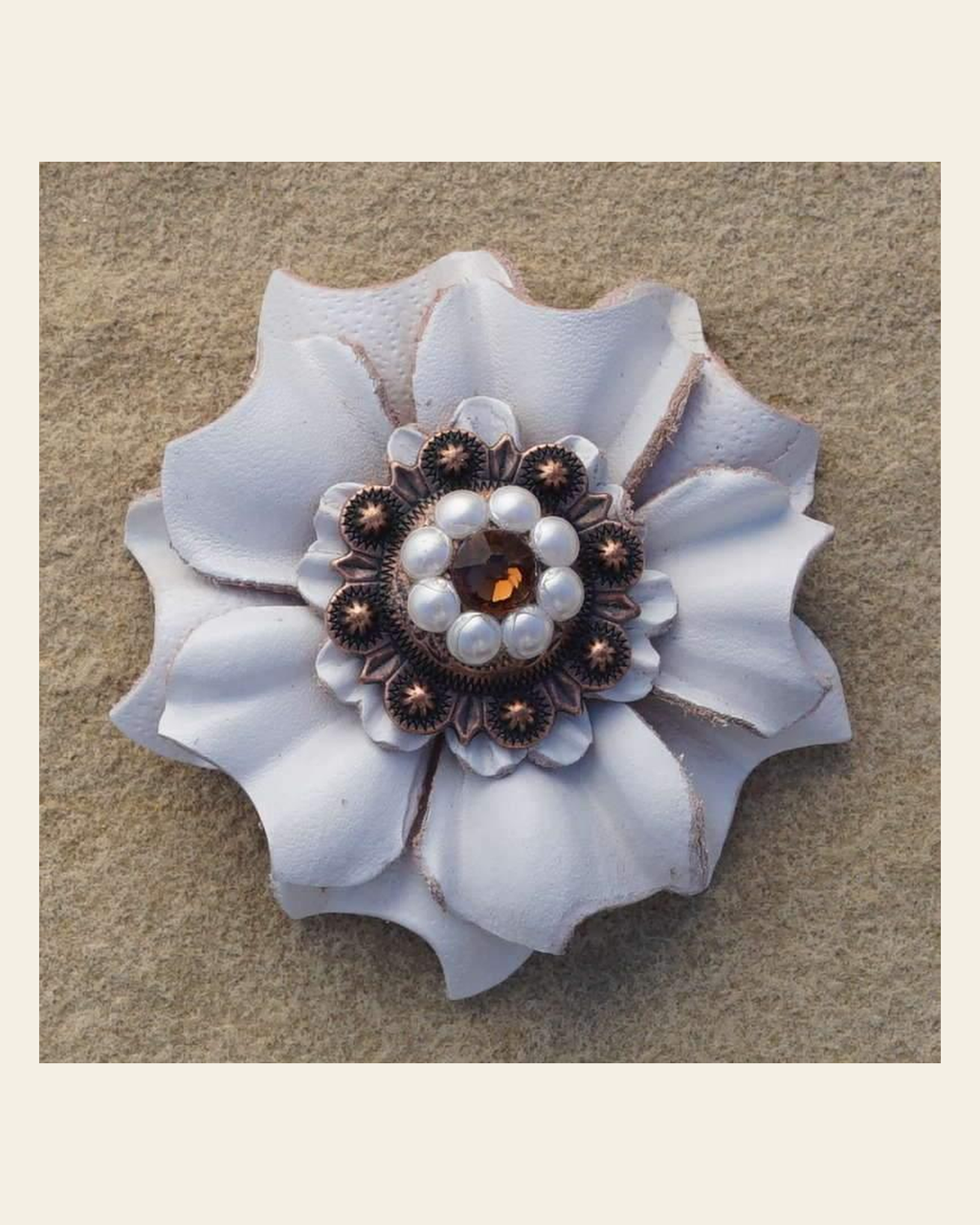 White Carnation Flower With Copper Topaz & Pearl 1" Concho on a warm cream background