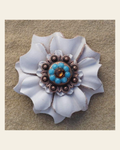 White Carnation Flower With Copper Topaz & Turquoise 1" Concho on a warm cream background