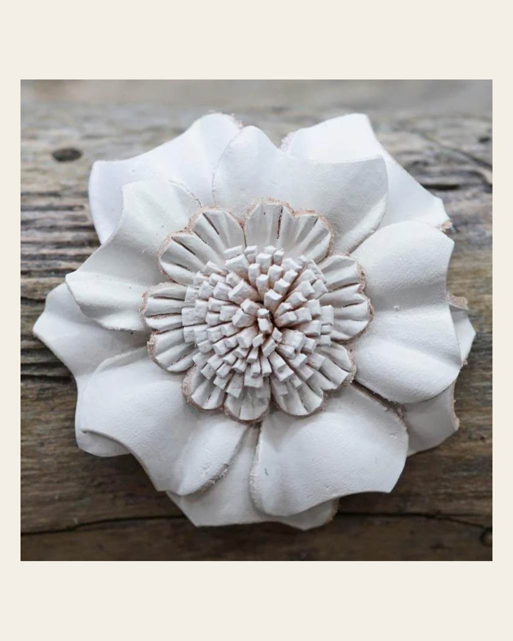 White Carnation Leather Flower on a warm cream background