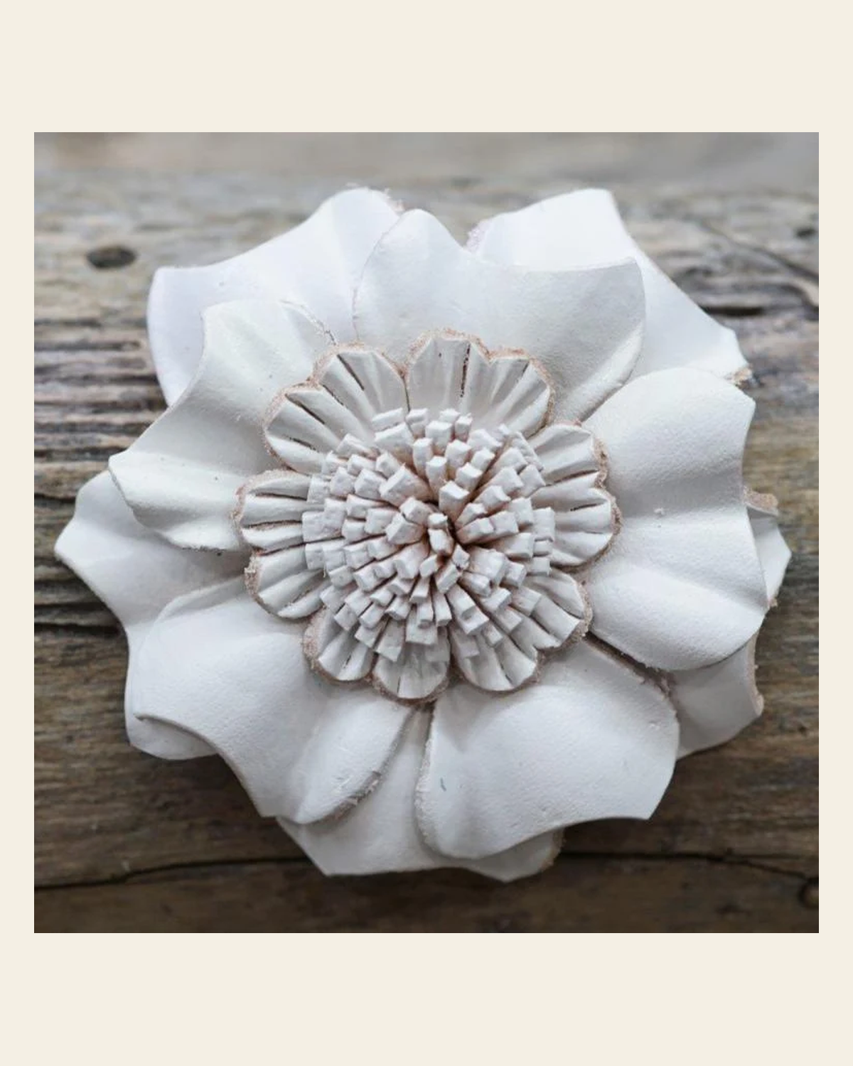 White Carnation Leather Flower on a warm cream background