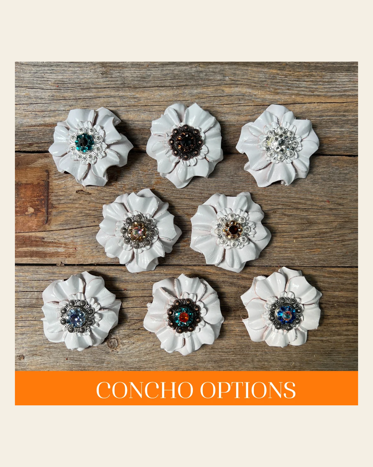 White Carnations Leather Flowers - 1" Crystal Conchos - Options on a warm cream background