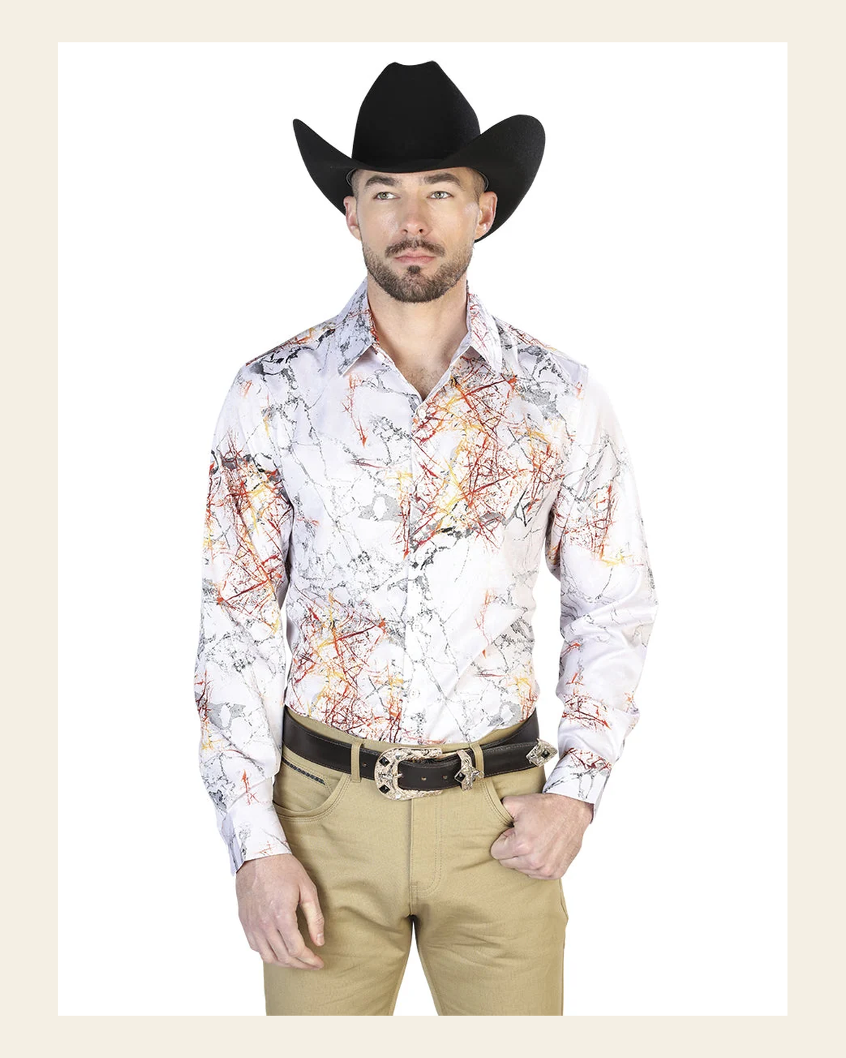 White Casual Long Sleeve Shirt 43993 on a warm cream background
