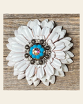 White Daisy Flower With Antique Silver Turquoise & AB 1" Concho on a warm cream background