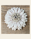 White Daisy Flower With Bright Silver Clear 1" Concho on a warm cream background