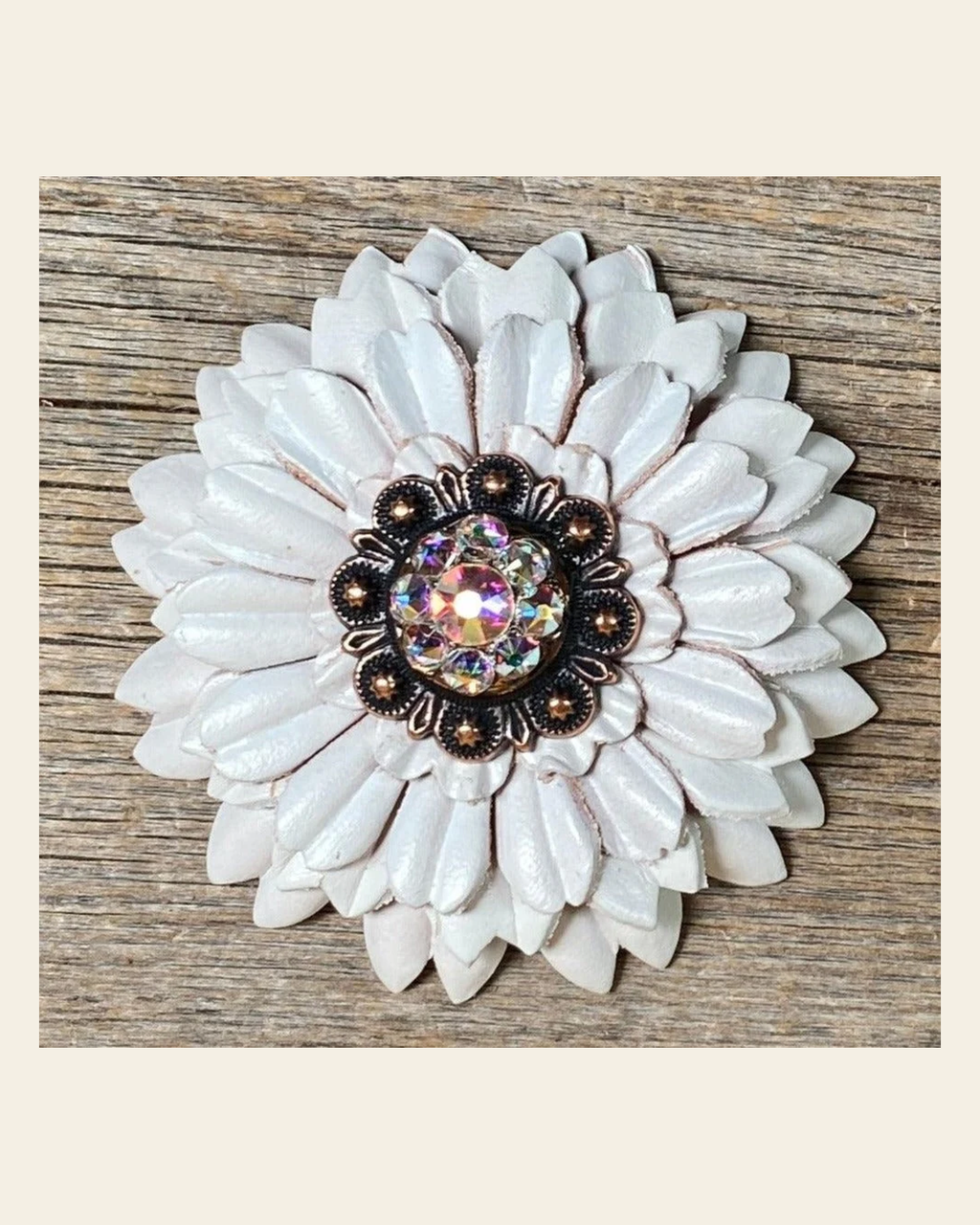 White Daisy Flower With Copper AB 1" Concho on a warm cream background