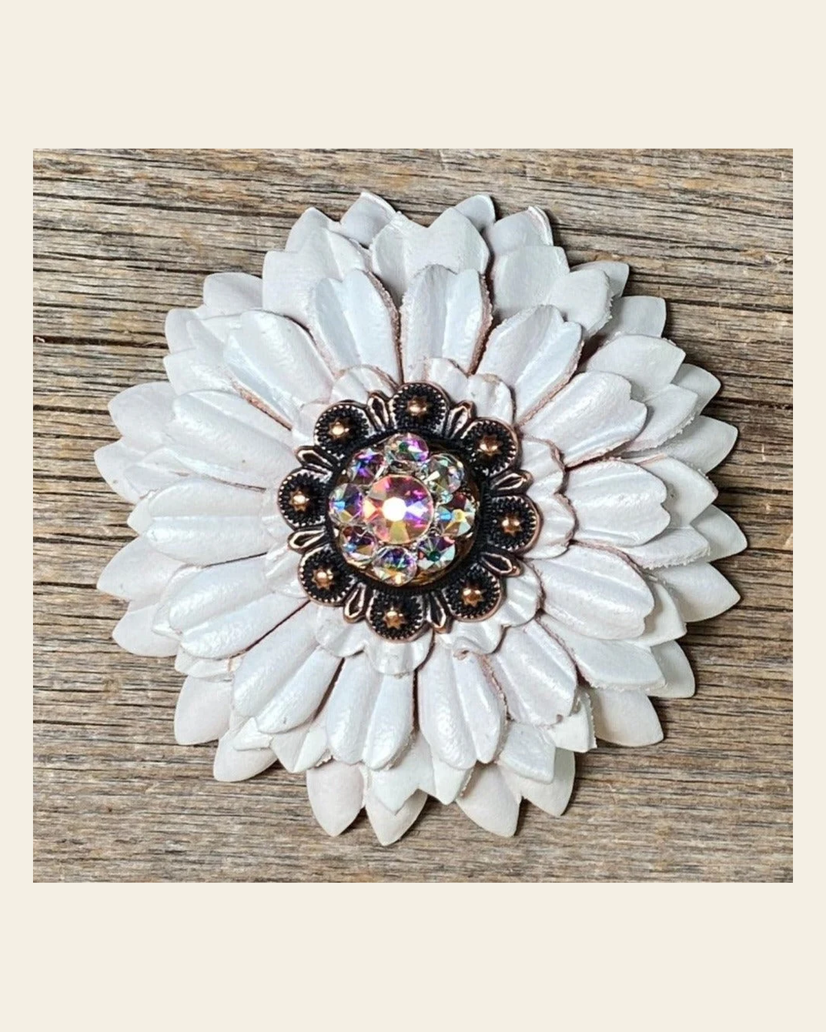 White Daisy Flower With Copper AB 1" Concho on a warm cream background