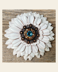 White Daisy Flower With Copper Teal & Champagne 1" Concho on a warm cream background