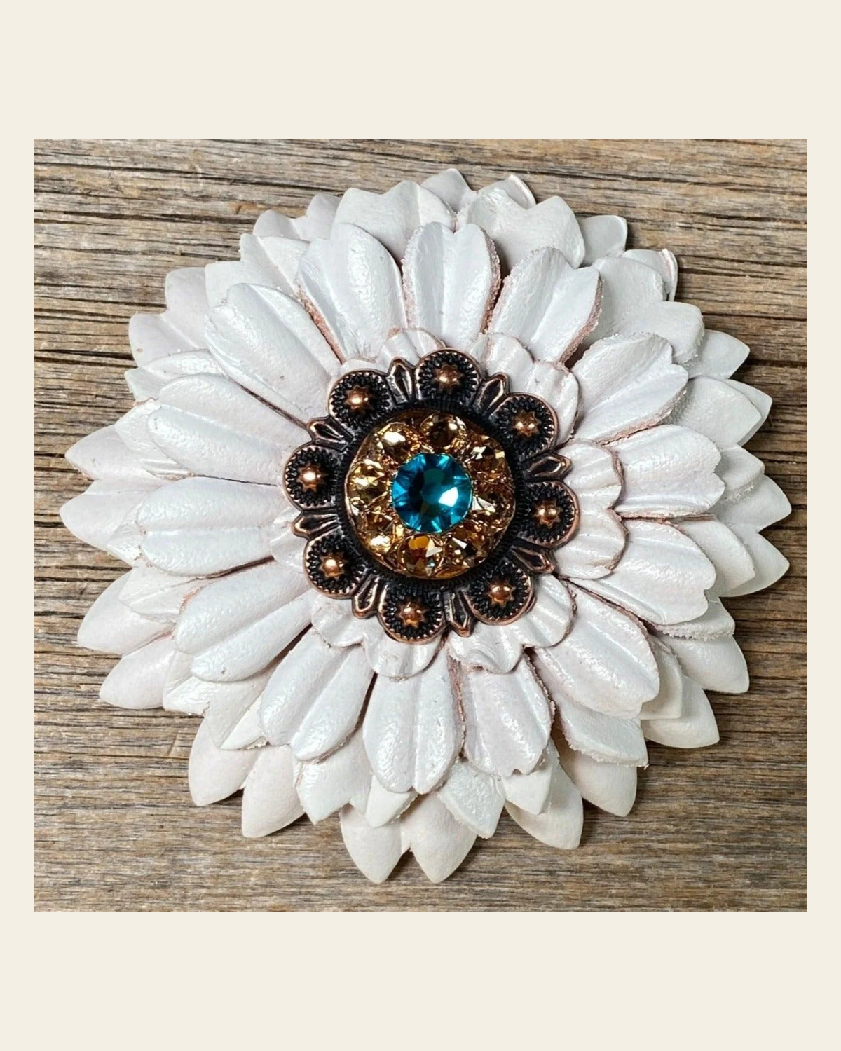 White Daisy Flower With Copper Teal & Champagne 1" Concho on a warm cream background