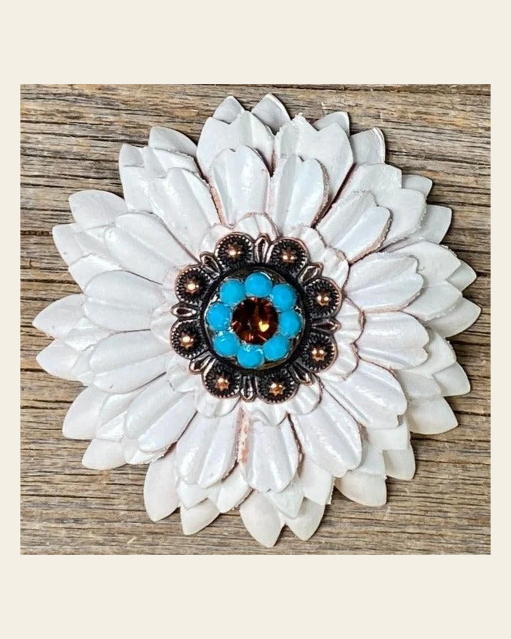 White Daisy Flower With Copper Topaz & Turquoise 1" Concho on a warm cream background
