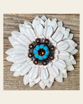 White Daisy Flower With Copper Topaz & Turquoise 1" Concho on a warm cream background