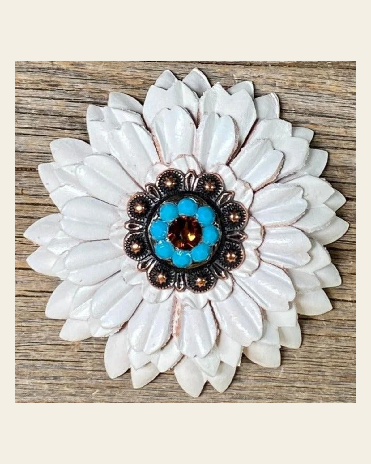 White Daisy Flower With Copper Topaz & Turquoise 1" Concho on a warm cream background