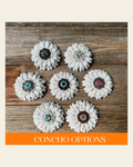 White Daisy Leather Flowers - 1" Crystal Conchos - Options on a warm cream background