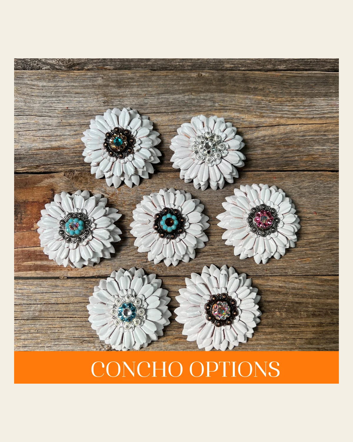 White Daisy Leather Flowers - 1" Crystal Conchos - Options on a warm cream background
