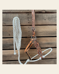 White Floral Tooled Lariat & Leather Combo Halter on a warm cream background