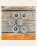White Flower Rhinestone Rosette - Assorted Conchos on a warm cream background