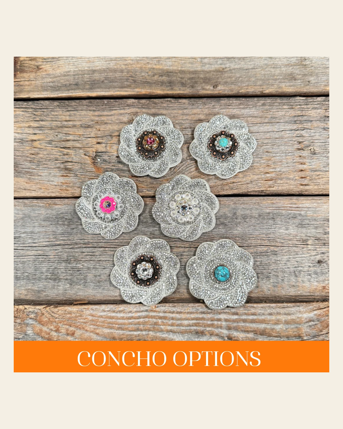 White Flower Rhinestone Rosette - Assorted Conchos on a warm cream background